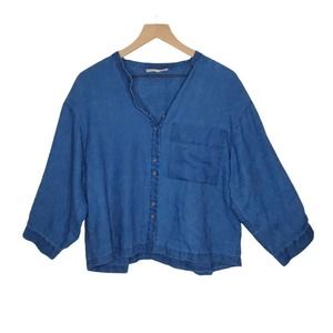 Everlane Chambray Cropped Button-Up Denim Linen Shirt Women's Sz S Wide Slouchy